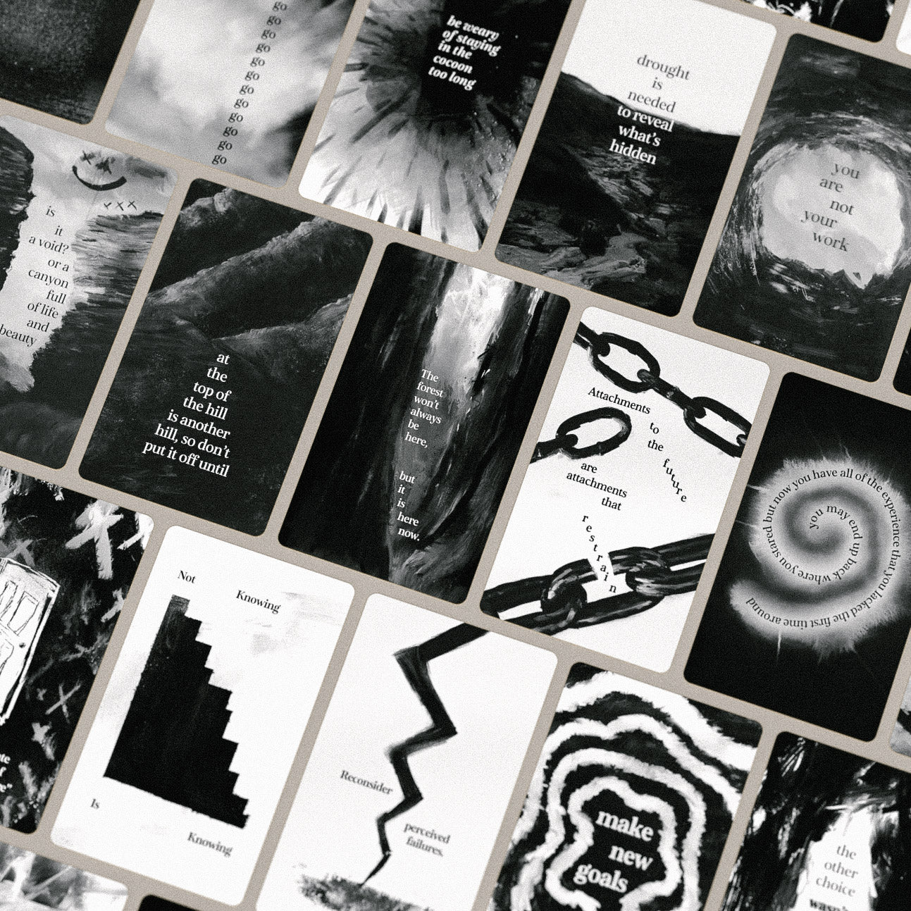 A spread of Arcana Cordis cards with black-and-white imagery and poetic phrases