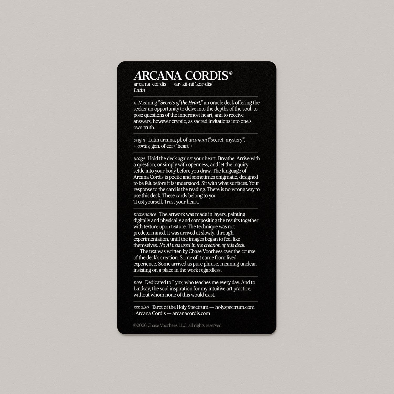 Arcana Cordis information card describing the deck