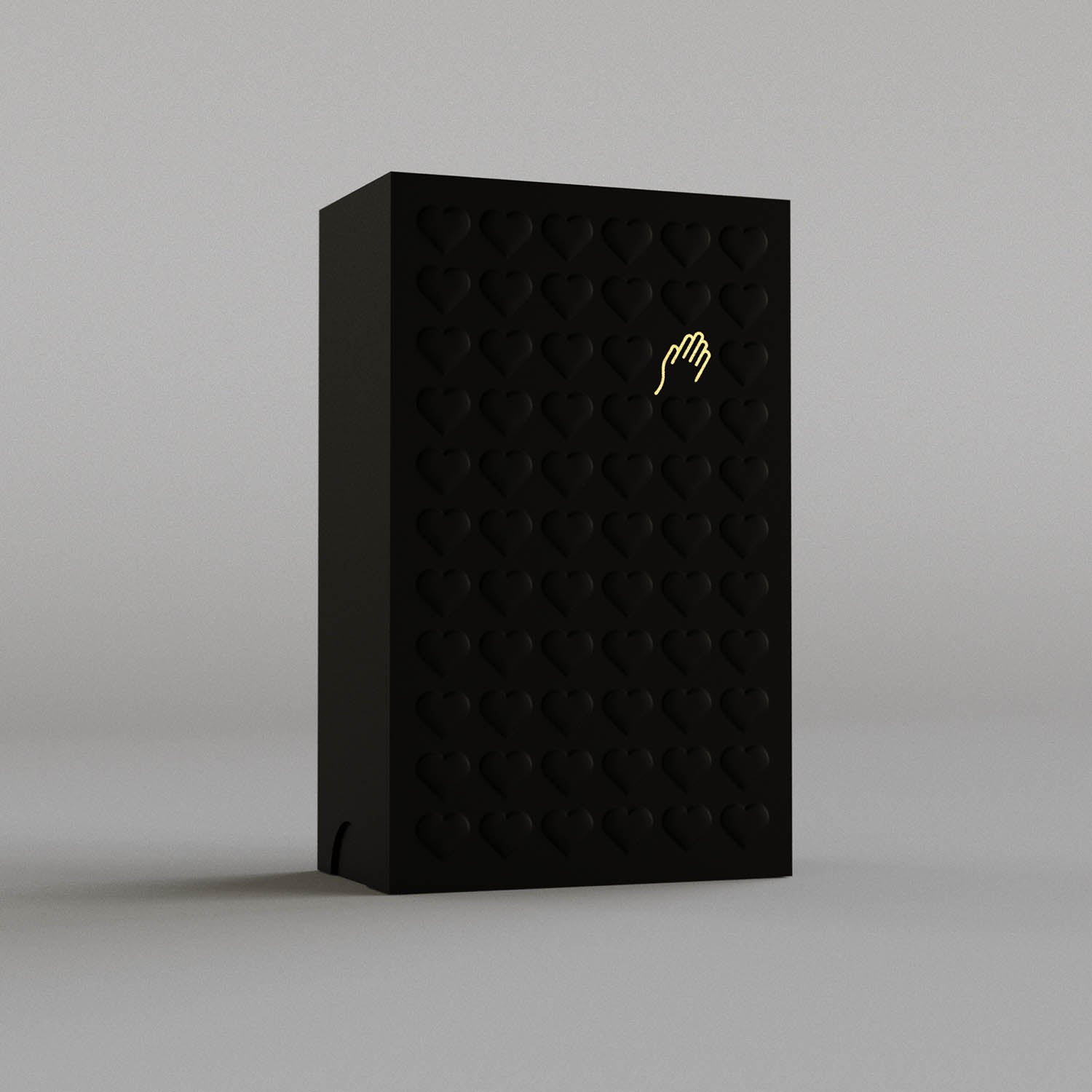 Arcana Cordis black box with embossed heart pattern and gold hand-on-heart emblem